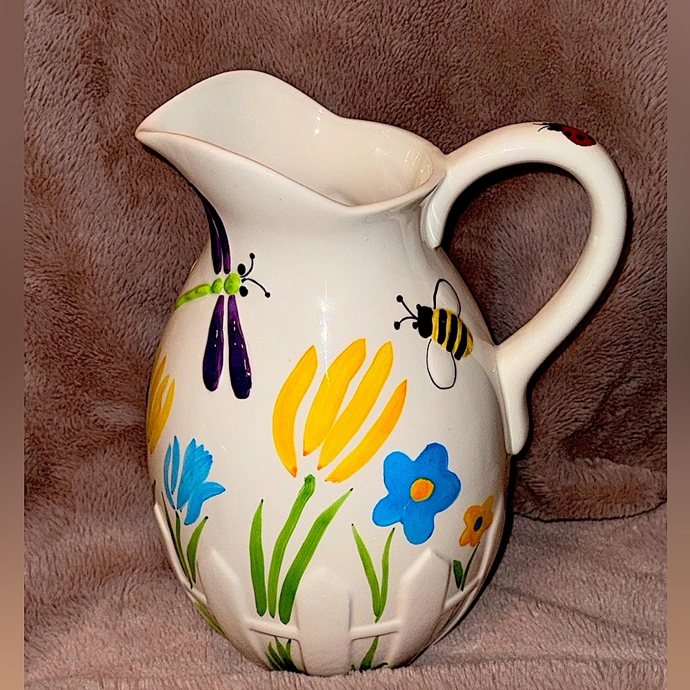Floral Ceramic Pitcher with Ladybugs/Dragonfly/Bees